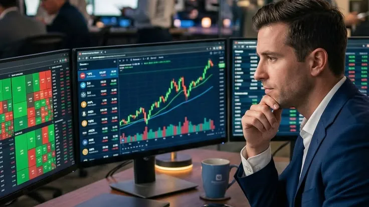 An advisor reviewing live market dashboards across several monitors in a high-rise office at dusk