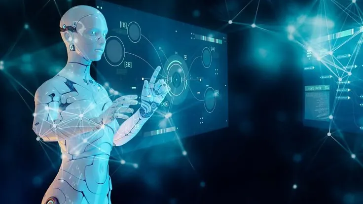 A figure interacting with a projected analytics interface