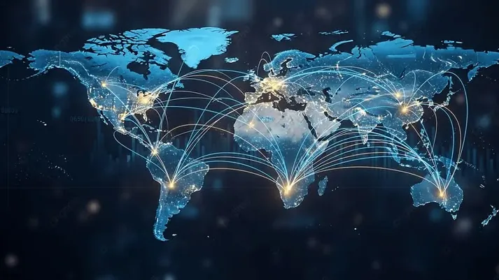 A world map with data routes arcing between regions