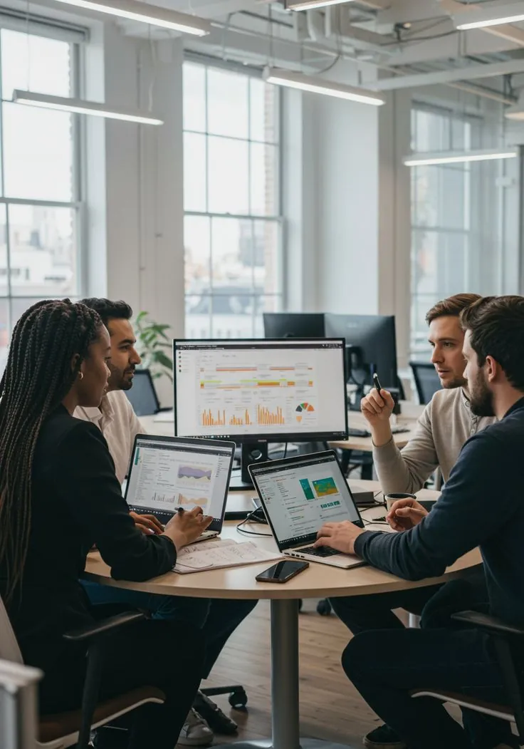 A team reviewing workforce dashboards together in a meeting room